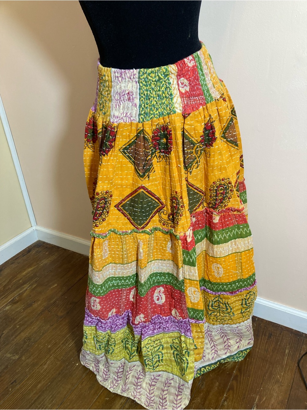 Yellow Patchwork Boho Maxi Skirt with Elastic Waist